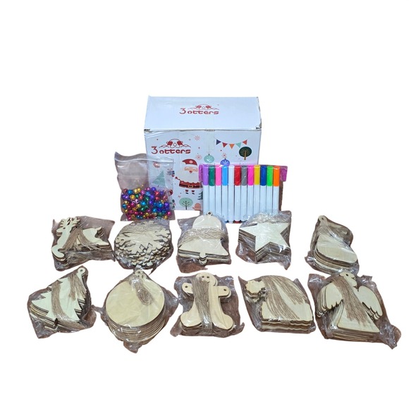 3 Otters Other - 3 Otters 100pcs DIY Wood Christmas Ornament Kit Markers Jingle Bells Jute Twine